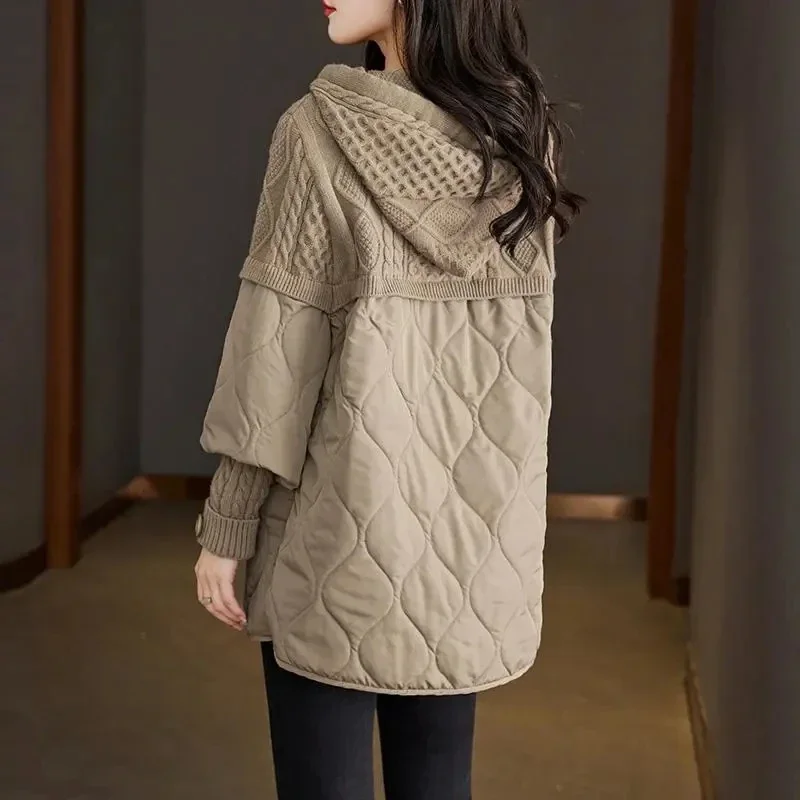 Women\'s Winter Parka 2024 Splicing Temperament Fashion Down Cotton Jacket Ladies Coat Knitting Appear Thin Hooded Female Jacket