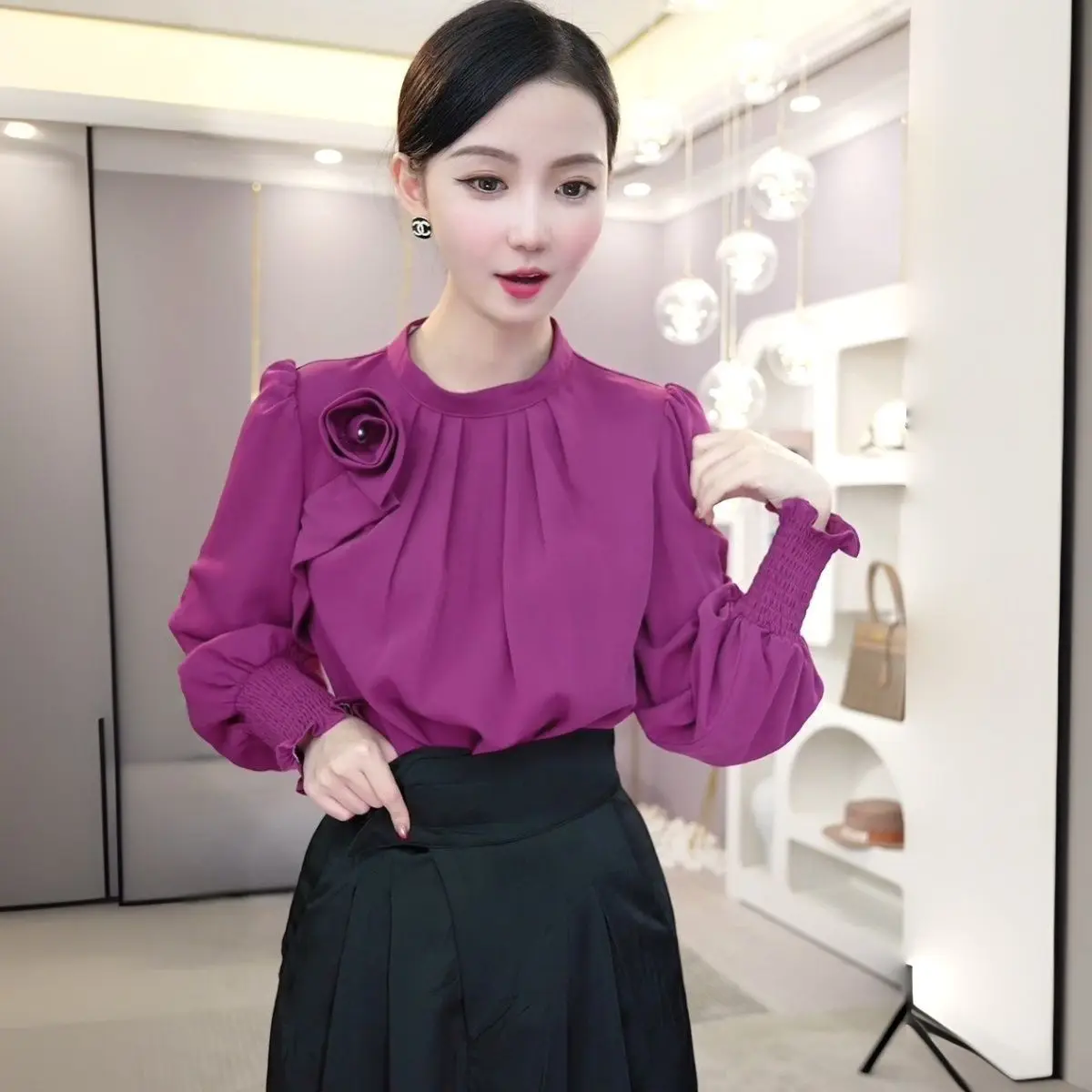 French Style Light Luxury Niche Purple Long Sleeved Fashionable Shirt Versatile Design Sense Top for Women 2023 Autumn New Item