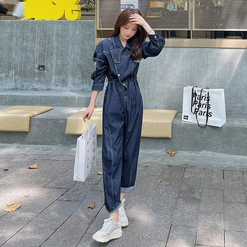 Solid Jumpsuits Women Long Sleeved Polo-neck Loose Harajuku Straight Pants Casual Denim Workwear Korean Style Vintage Playsuits