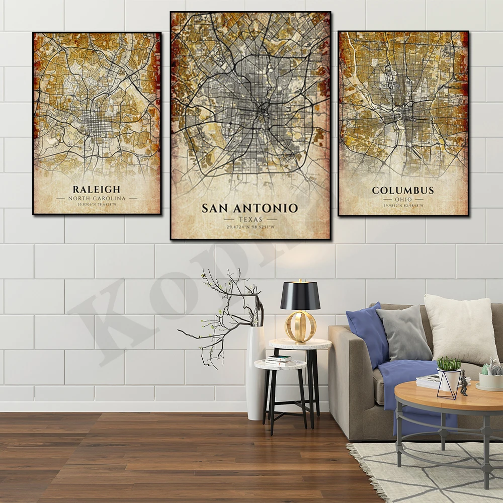 Dallas San Antonio Raleigh Cleveland Charlotte El Paso Corpus Christi Columbus. City Map. Home Wall Decor Art Canvas Painting