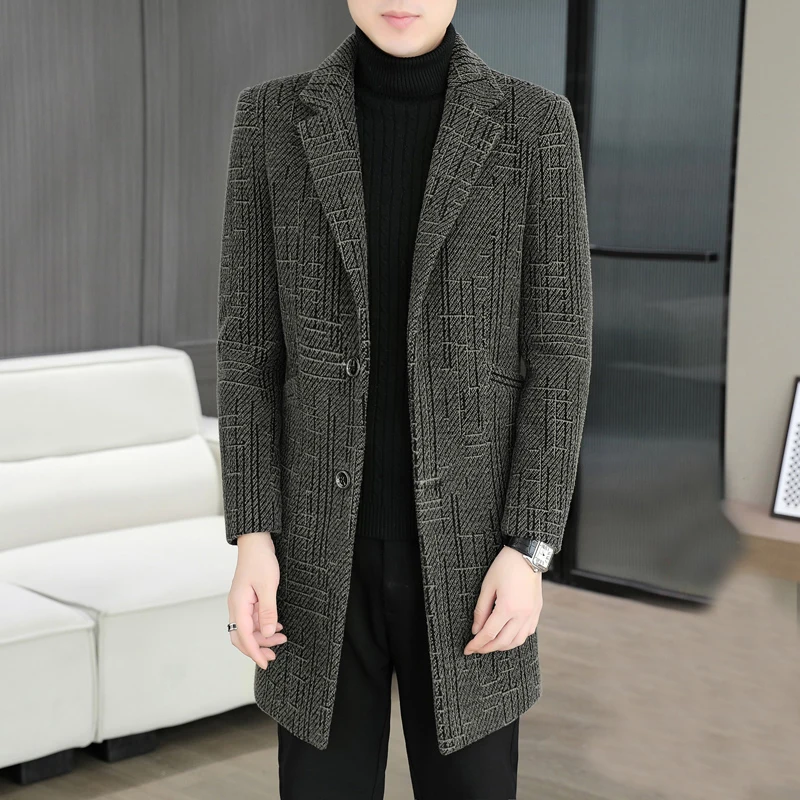 

Fashion Men's Striped Woolen Coats 2025 Winter Thick Overcoat High Street Wear Windbreaker Jackets Business Casual Warm Clothing