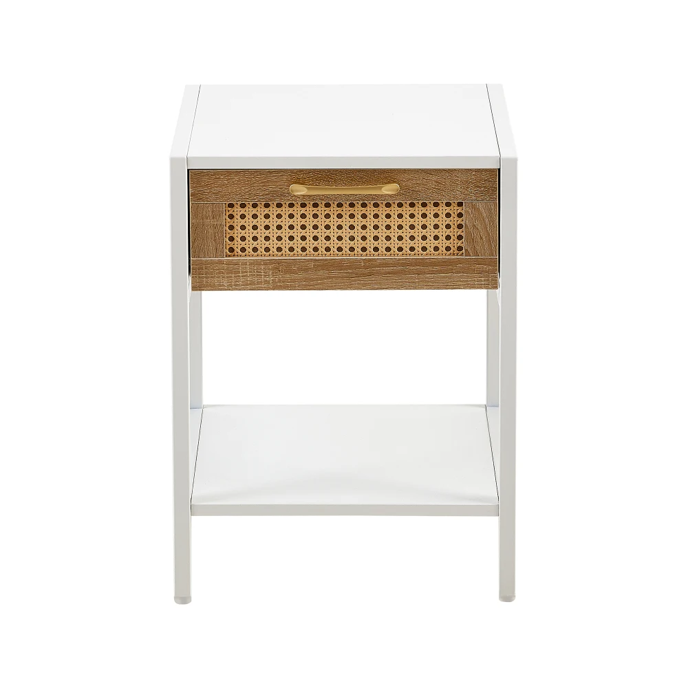 15.74" Rattan End Table with  Drawer, Modern Nightstand, Metal Legs,side Table for Living Room, Bedroom,white(1 Pc)