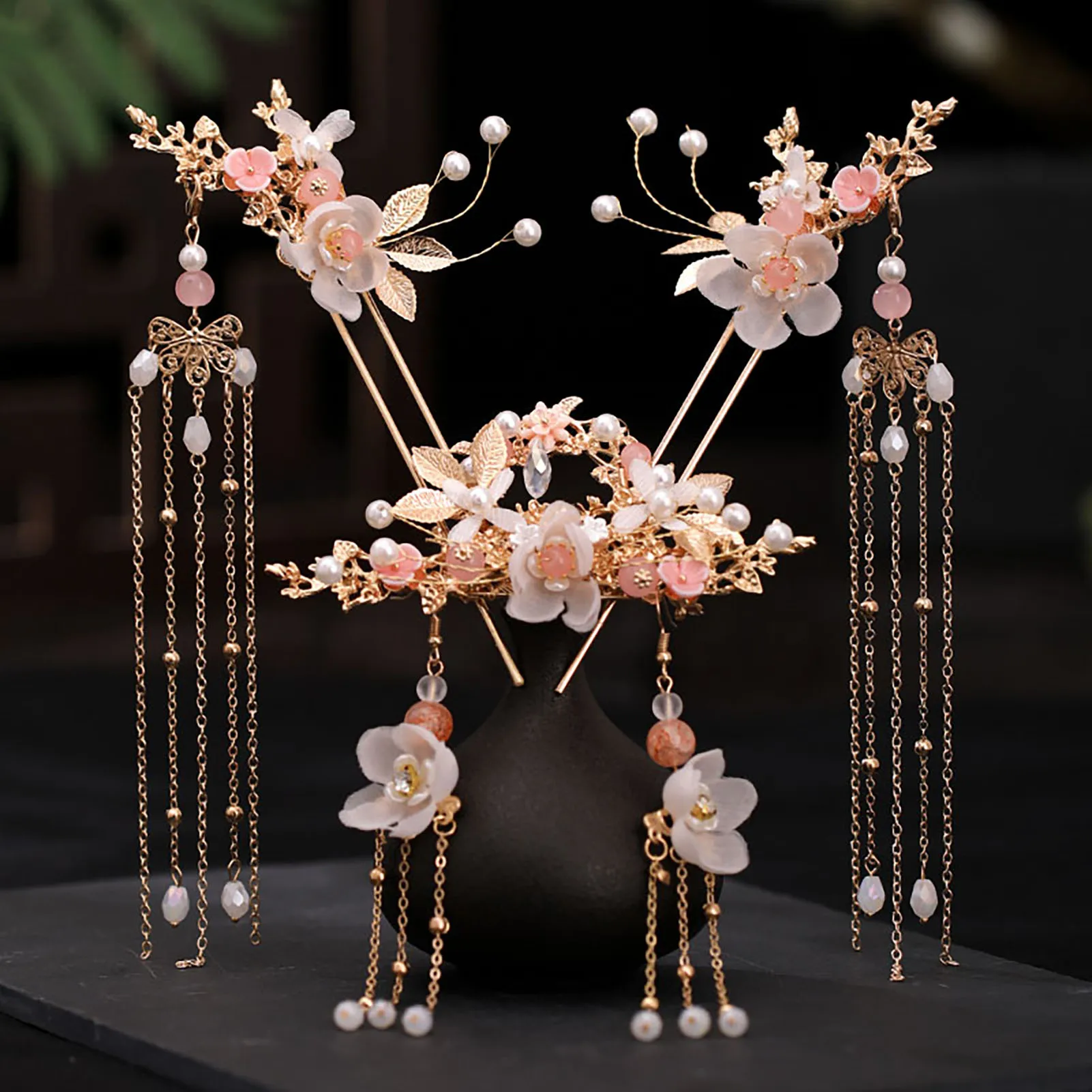 Hanfu chino, pendientes de horquilla, conjunto de accesorios para el cabello, horquilla Vintage con flecos largos, flor, joyería para el cabello de boda hecha a mano