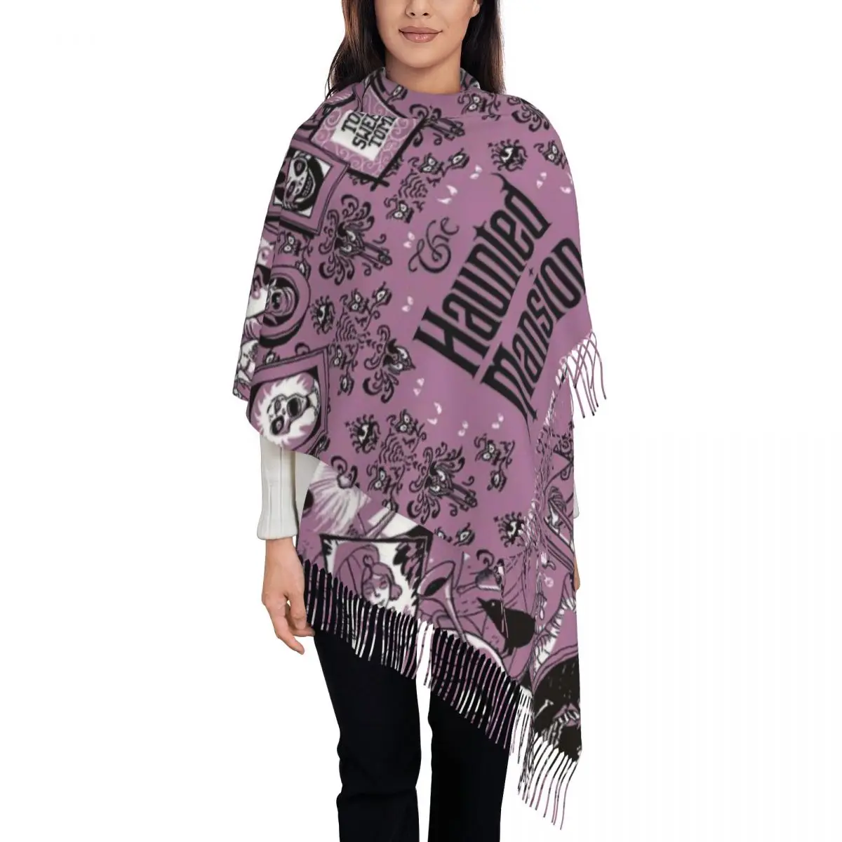 Fashion Haunted Mansion Montage Tassel Scarf Women Winter Fall Warm Shawl Wrap Lady Halloween Horror Film Scarves