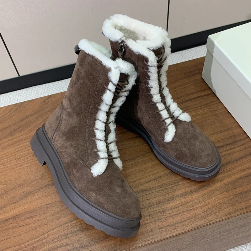 

High quality 2025 women's lace up mid calf boots with suede leather upper and rubber sole for winter wear warm shoes2504036