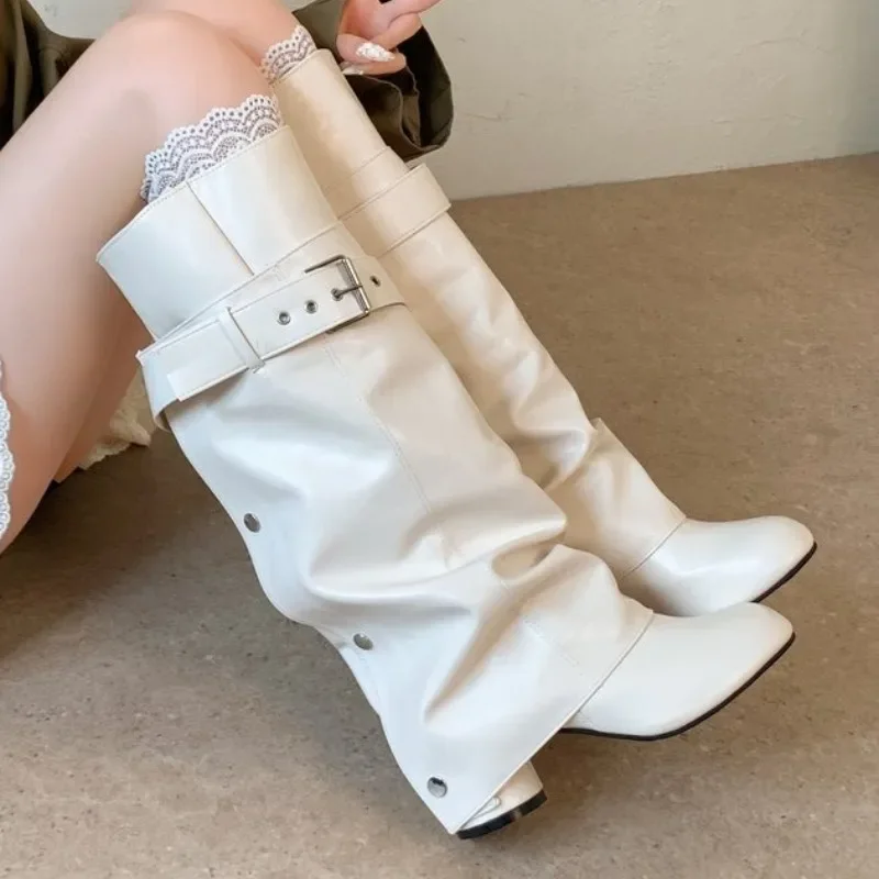 Woman Boots Knee High Platform Chunky Heels Trend Punk Gothic New Rock Leather Fashion Women's Shoes Motorcycle Footwear