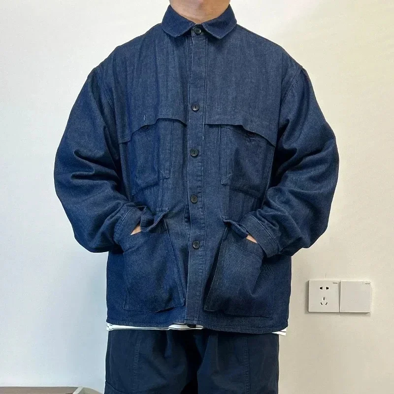 Men Japanese Streetwear Fashion Loose Casual Multi Pocket Vintage Oversize Denim Long Sleeve Shirt Coat Cityboy Blouses Jacket