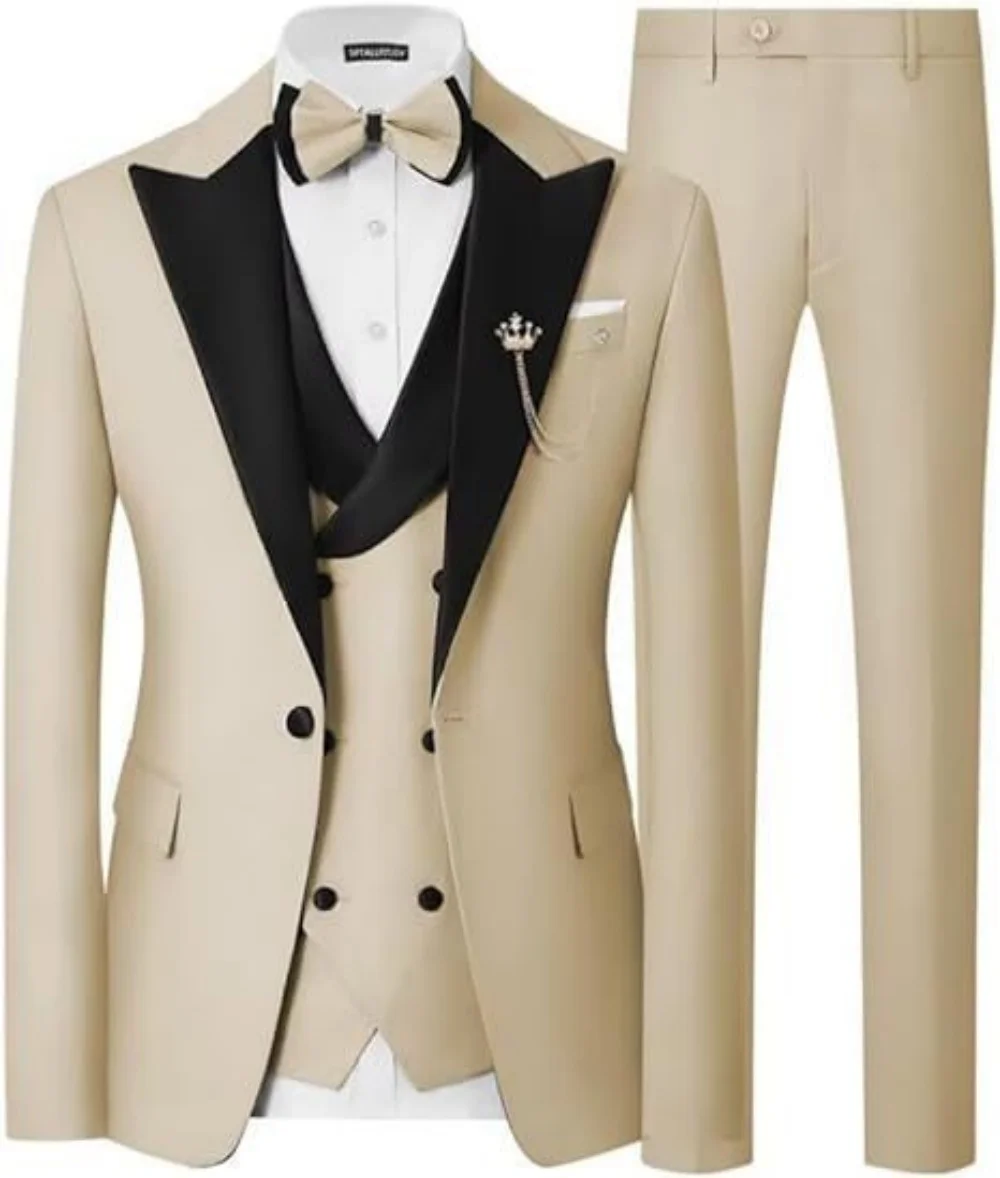 Elegant Men's Suit 3pcs Set Peak Lapel Jacket Vest Pants Set Custom Slim Fit for Wedding Prom Party Business Formal Male Tuxedo