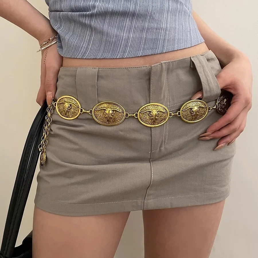 2024 Vintage Silver Chain Belt Sun Bull Coins vita femminile Y2K Dress cintura cinture firmate per le donne corsetto Punk di alta qualità