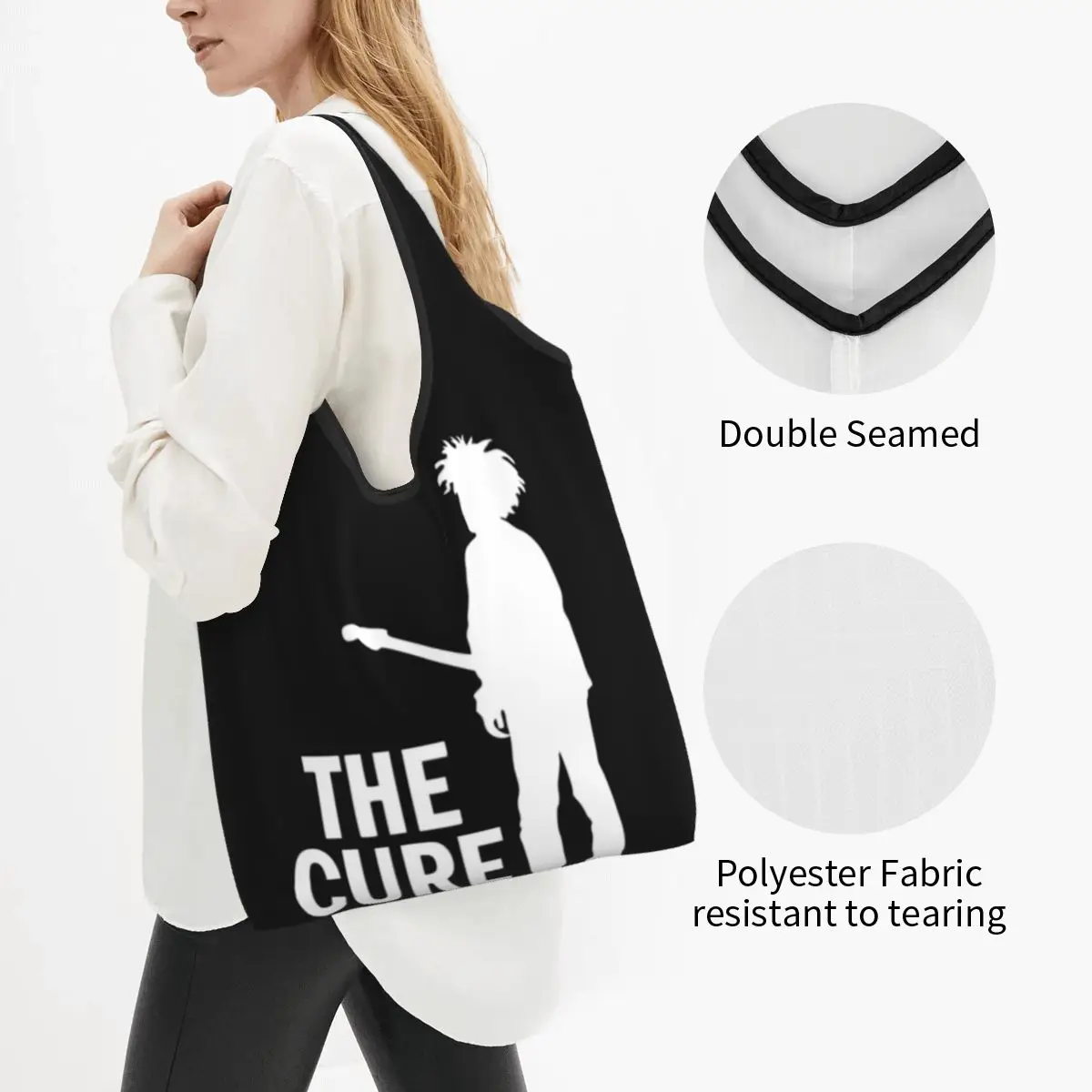 The Cure Robert Smith Logo Large Reusable Bags Shopping Washable Foldable Grocery Bag 50lb Heavy Duty Lightweight Gift Tote Bags