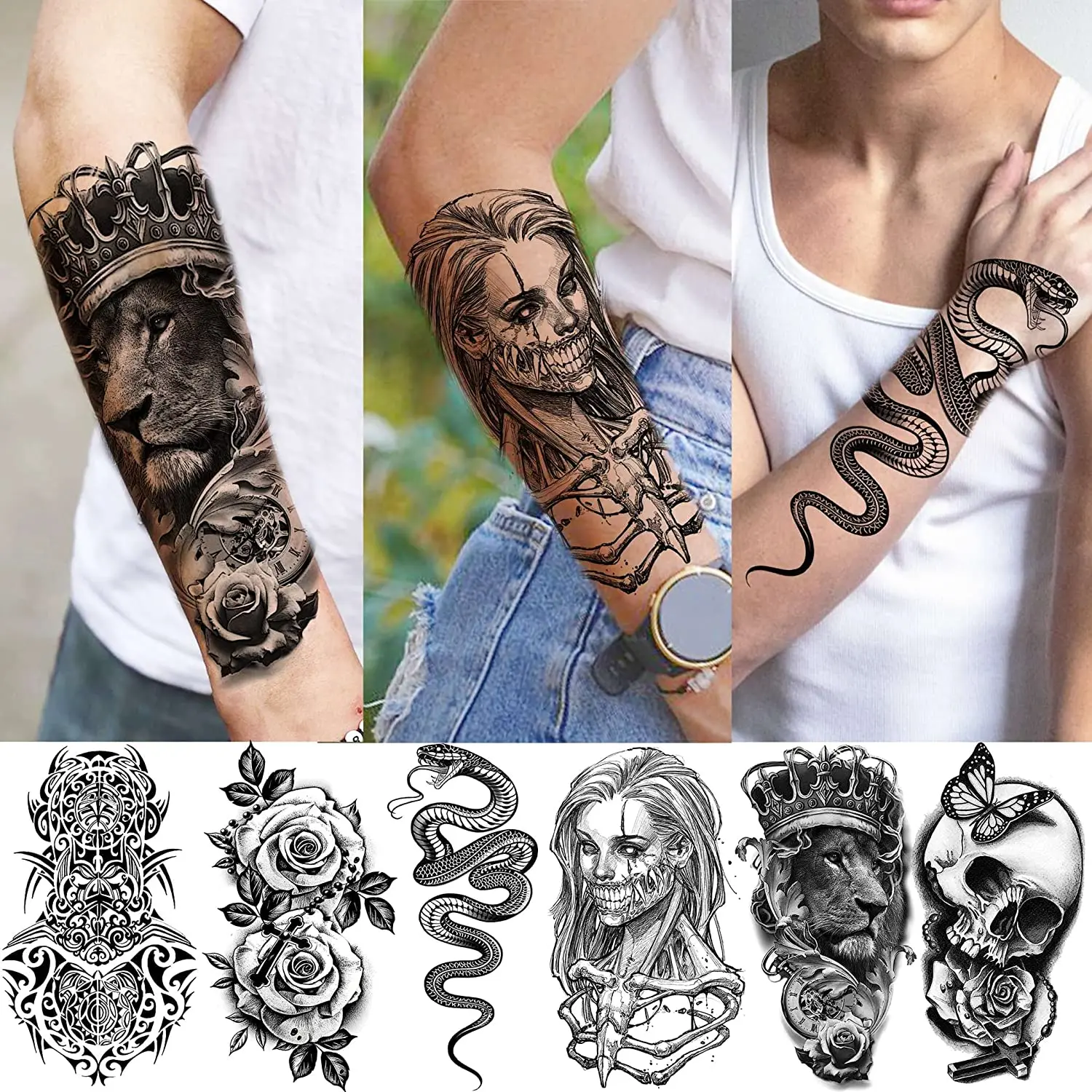 10 Sheets Black Skeleton Temporary Tattoos For Men Women 3D Realistic Tattoo Stickers Scary Skull Vampire Fake Tatoos Gangster