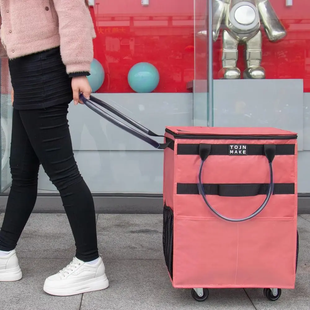 حقيبة تسوق بعجلات قابلة لإعادة الاستخدام مع 8 جيوب، بسحاب، تحمل 46 رطلًا، قابلة للطي، شديدة التحمل، لون وردي متوسط