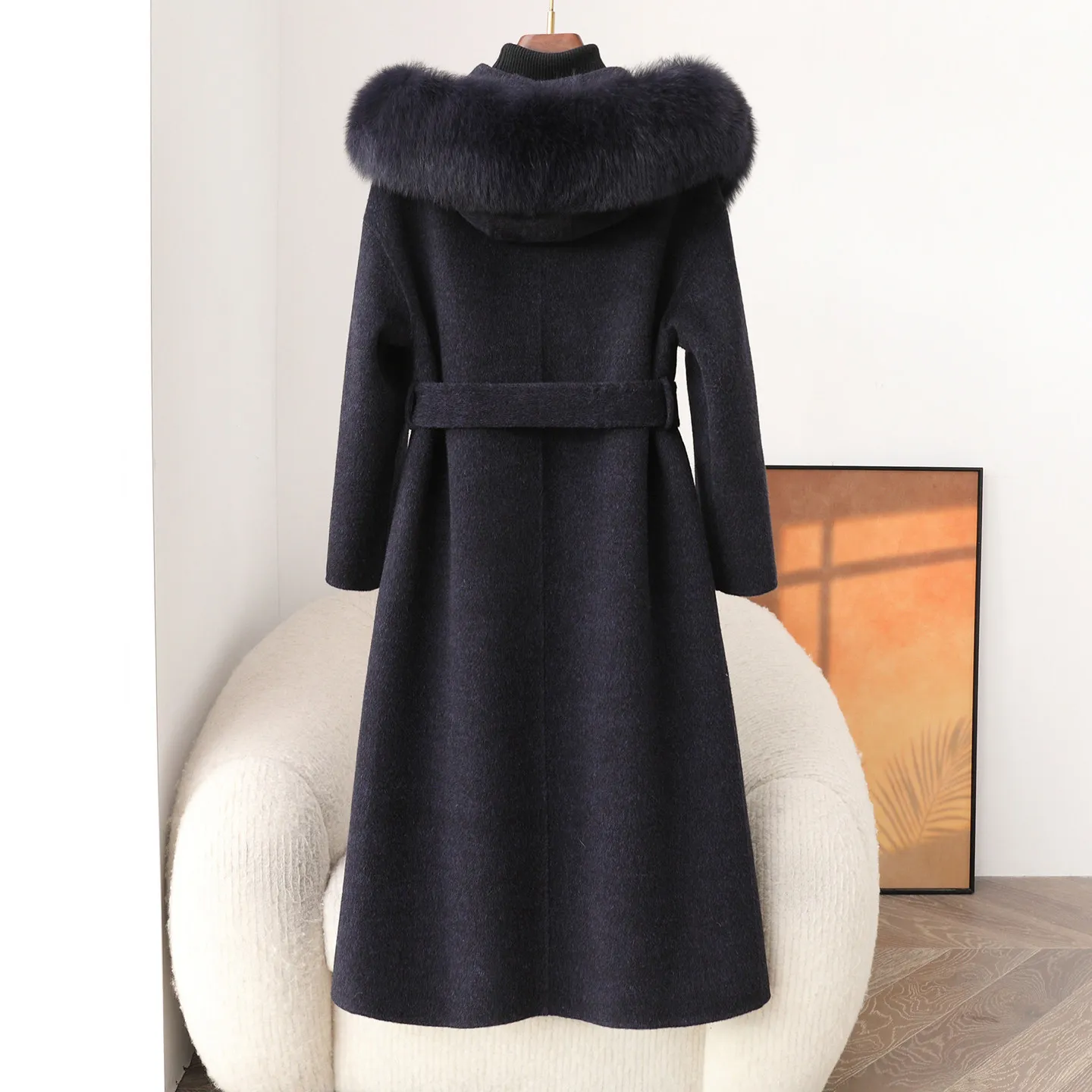 2025 winter new long belt fox collar hair hooded jacket women's cashmere double-sided woolen waist coat