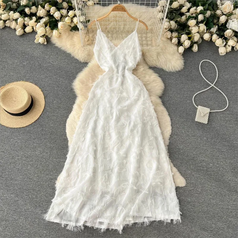 

Fairy Dress Summer White Elegant Fringe Sling Dress Gauze Princess Pleated Literary Skirt Fringe Detail Dress