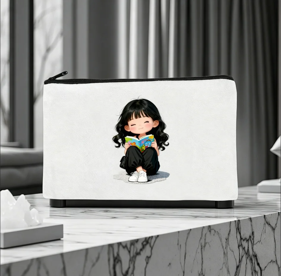 1PC Double Sided Print Curly Hair Girl Reading Book Canvas Zipper Cosmetic Storage Pouch