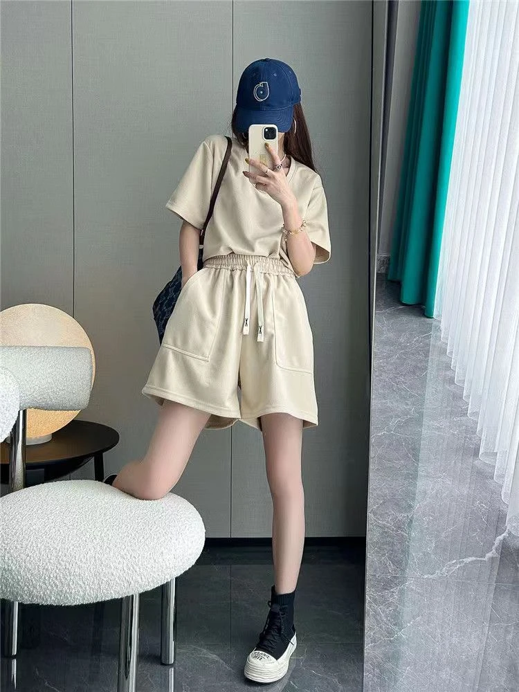 

Summer Fashion Hong Kong Style Light Maturity Sweet Short Sleeve Shorts Two Piece Set Women's Clothing Casual Sportswear