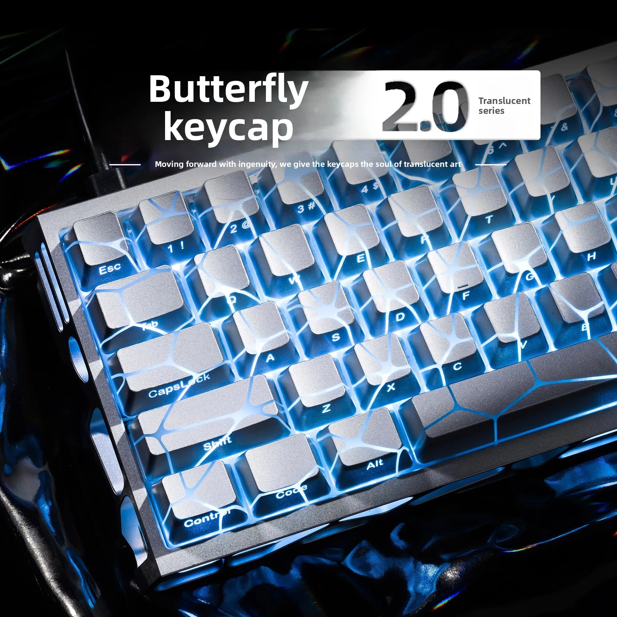 Butterfly Pattern Keycaps Set Metallic Silver Side Engraved Fog IMD Process Magnetic Axis Transparent Mechanical Keyboard