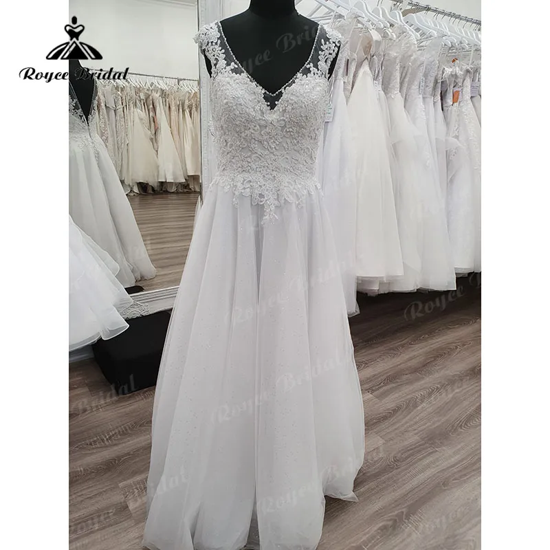 V Neck Cap Sleeve Spitze Appliques Gefrieste Hochzeit Kleid Bodenlangen Backless 2023 Elegante Vestidos Bürger Brautkleid Custom