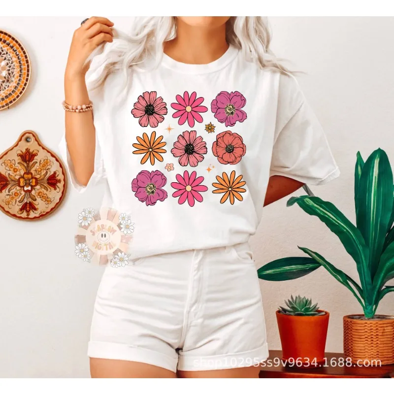 Fashion Women's Summer Personality Flower Letter Print T-shirt Casual Short Sleeve Tops Graphic T Shirts  Streetwear