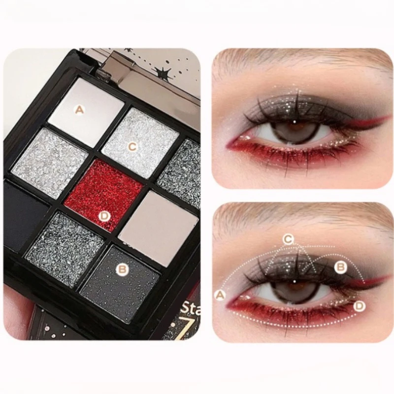 9-kleuren rokerig zwart rood oogschaduwpalet punk zoete coole oogschaduw blijvende glans ogen make-up donker geperste glitter oogschaduw