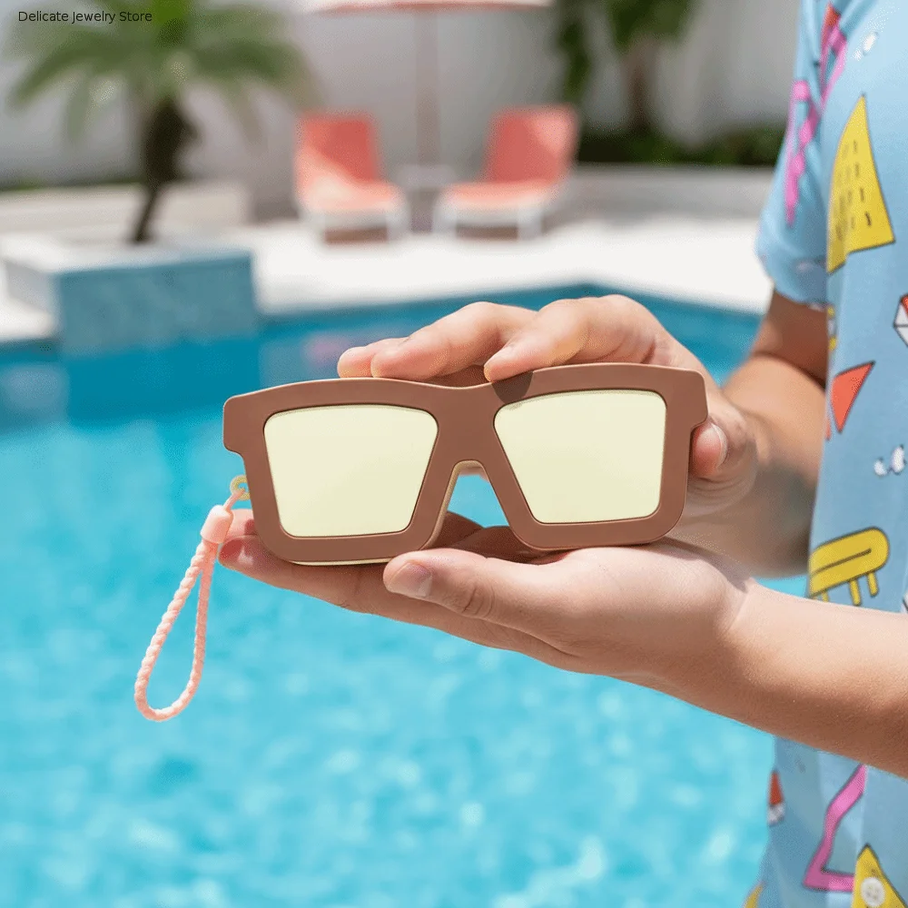 Vibrant Color Sunglasses Shaped Case Shockproof Shell Scratch Resistant Dopamine Cosmetic Pouch Soft Texture with Lanyard