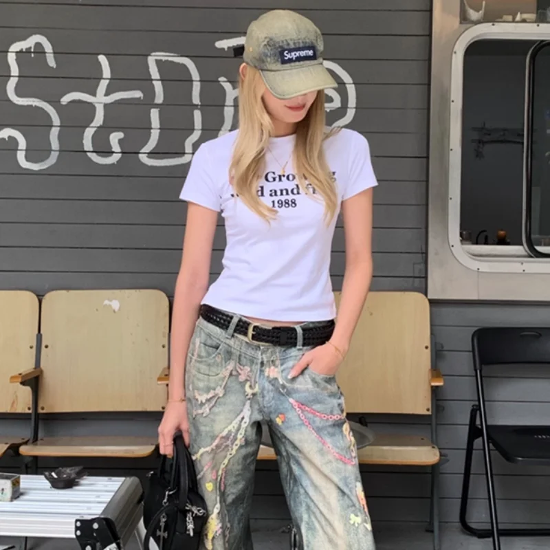 

Summer niche street trend glasses cat letter printed white short sleeved t-shirt American y2k design top