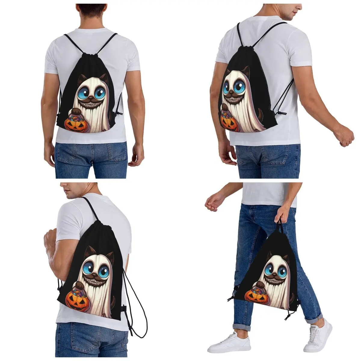 Siamese Cat Scary Halloween Ghost Spooky Pumpkin Candy Backpacks Portable Drawstring Bags Shoes Bag Book Bags Travel Students