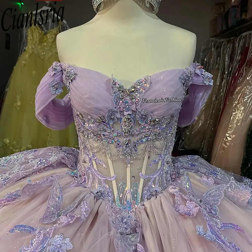 

Сиреневое платье Quinceanera с аппликациями и блестками, кружевное платье с оборками, бальное платье с открытыми плечами, корсет Sweet 16, Vestidos De XV 15 Anos