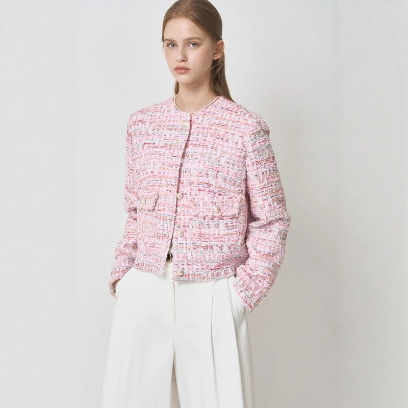 Stunning Pink Floral Cashmere Coat 2026 Spring Luxury Style Long Sleeve round Neck Short Length Single Button Closure Women's...