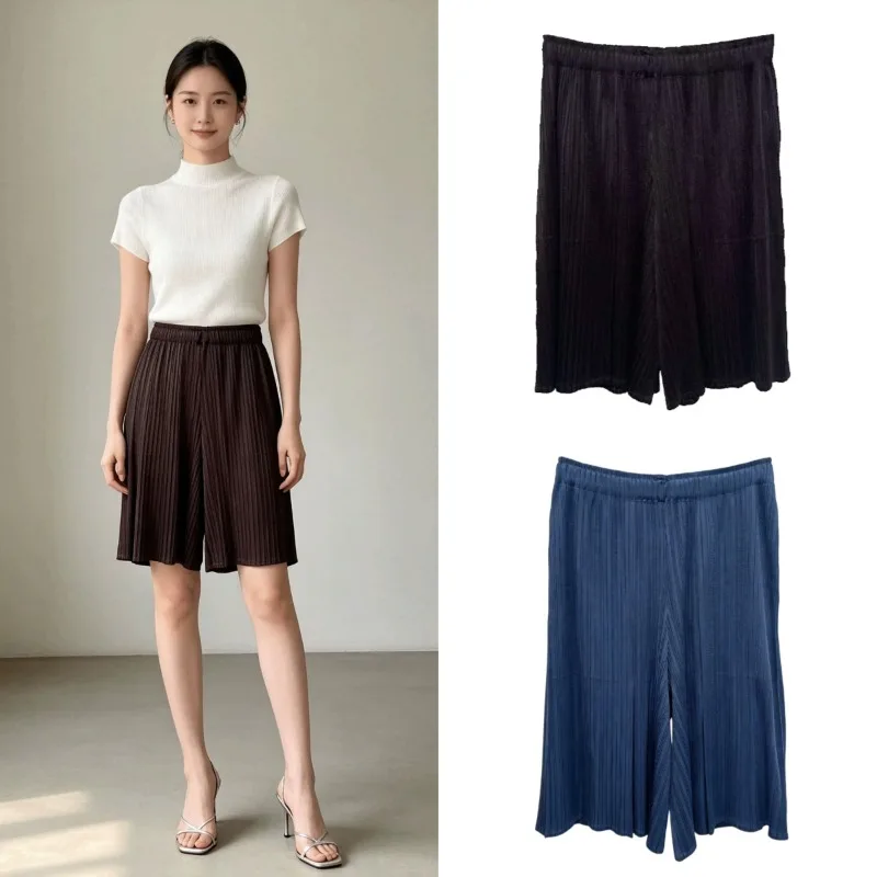 Miyake Pleated Wide-Leg Shorts Plisse Women 2026 Summer New Elastic Waist Pleats Pants Draped Loose Slimming Casual Fold Pants