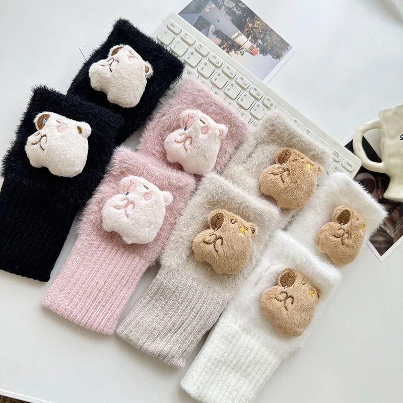 Cute Kapibala Capybara Plushie Doll Knitted Gloves Women's Winter Warm Wrist Gloves Girls Mittens Lolita Goth Fingerless Gloves image 3