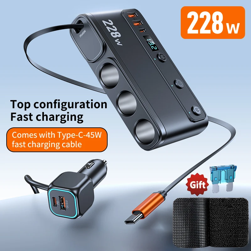 9-in-1 Car Charger Adapter 3-Socket Cigarette Lighter 3-Ports QC3.0 USB Charger with 65cm Stretchable PD Type-c Fast Charging