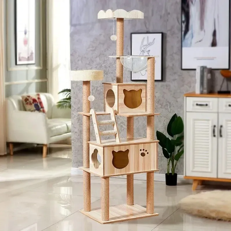 Multi-layer Cat Tree House Condos Wooden Cat Tower with Sisal Rope Cat Scratching Posts Plush Cloth Hammock Climbing Frame