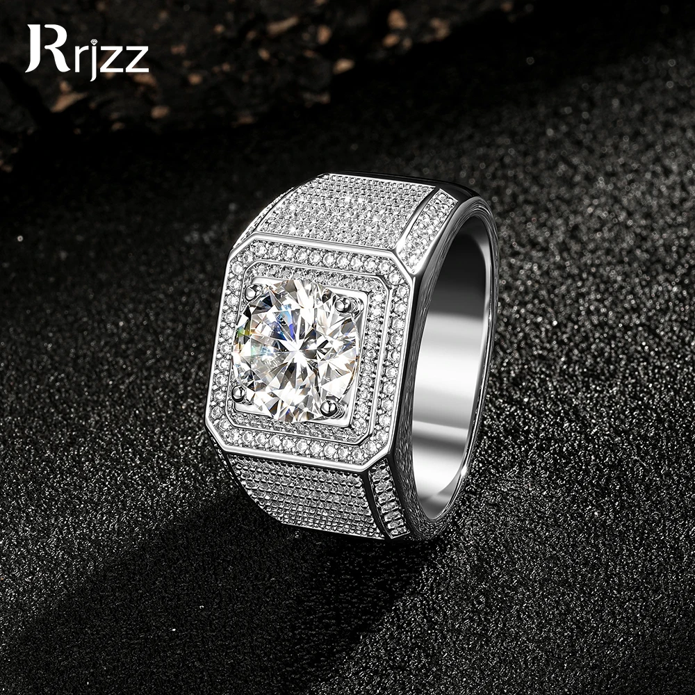 Rrjzz Sparkling 9mm Round D-Color Moissanite Double Layer Surround Luxury Mens Ring 3ct Wedding Engagement Ring Jewelry Gifts