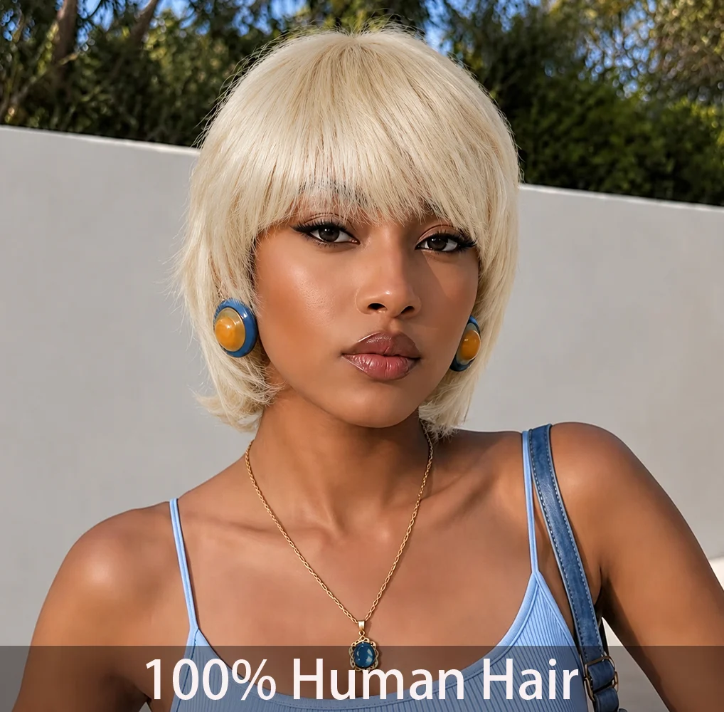 Short Straight Pixie Cut Wig With Bangs Human Hair Wig for Women Full Machine Made Wig  with Fringe Breathable and Adjustable Cut Wig for Daily Wear & Parties.