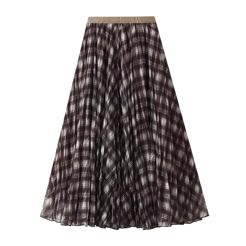 Women Spring Autumn Plaid Pleated Long Skirt Female Fashion High Waist A-line Elegant Vintage Casual Skirts