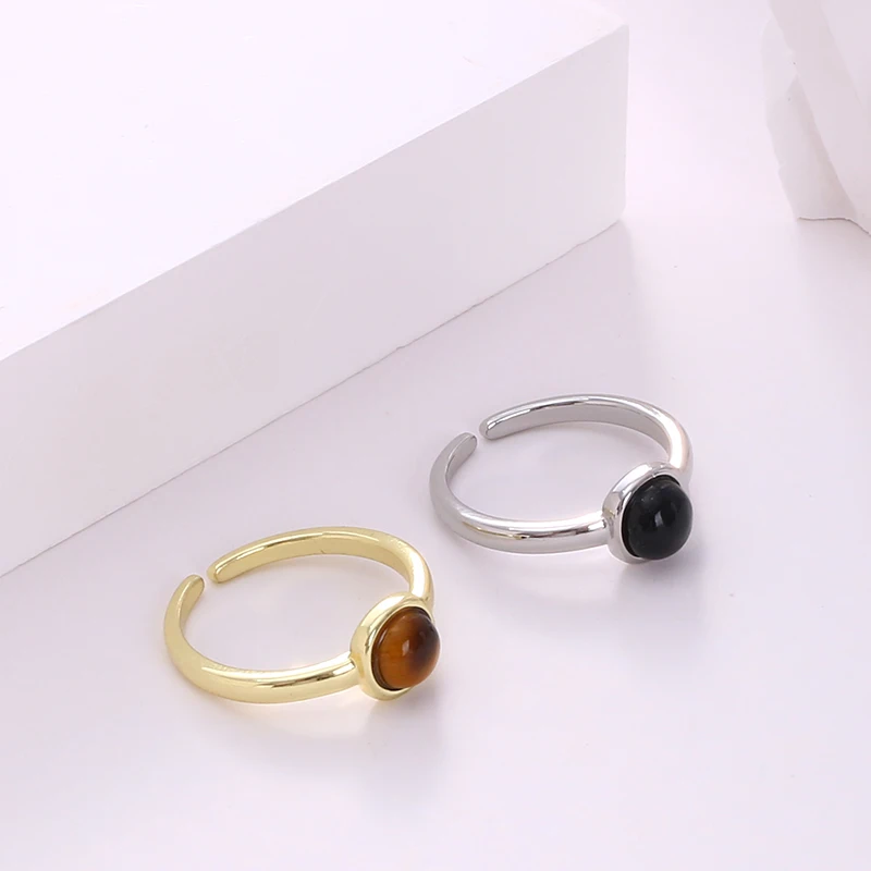 French Retro Is Round Egg Face Tiger Eye Stone Obsidian Simple Niche Design Senior Sense Personality Opening Square Ring Woman