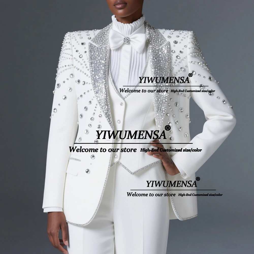 

Gleaming Beaded Stones Suits Women 3 Pieces Sets Sequins Lapel Lady Party Blazers Customized Mother Of The Bride Dress Luxury