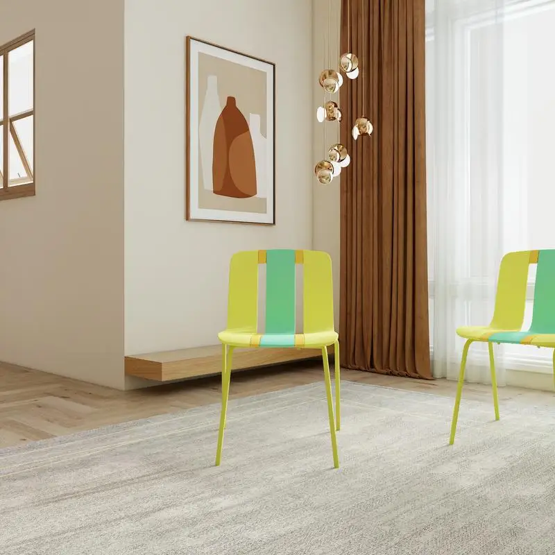 

4-Pack Modern Striped Color Block Chairs - Indoor/Outdoor PP Plastic Seat & Sturdy Metal Legs, Bright Yellow, Orange, Green -