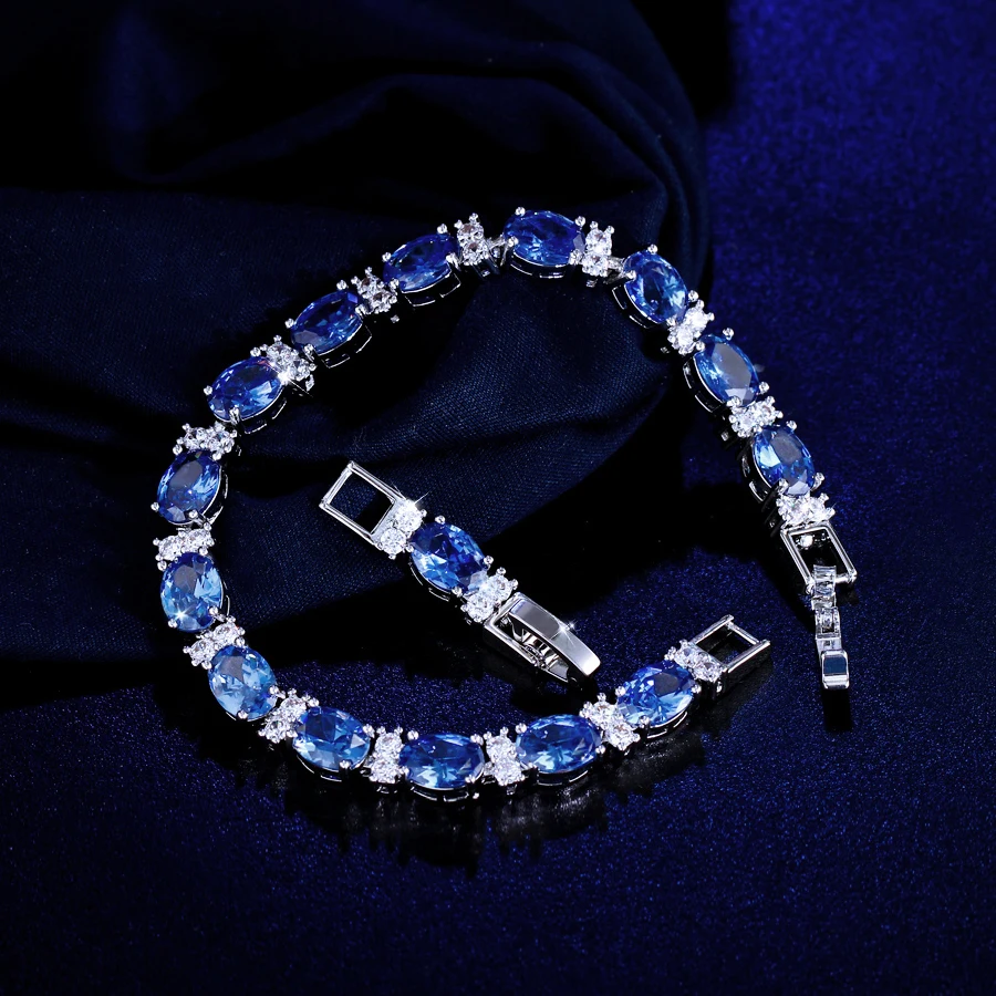ThreeGraces Shiny White Zirconia and Blue Synthetic Tanzanite Stone Tennis Bracelet for Women Party Bridal Trendy Jewelry BR408