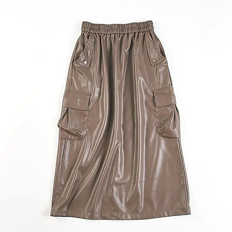 Herbst/Winter Neuer All-Match-Retro-PU-Lederrock, halblanger Rock mit mehreren Taschen zum Abnehmen, mittellanger Rock