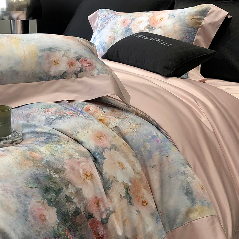 Vibrant and Natural Oil Painting Style Floral Garden Bedding Set 4Pcs Egyptian Cotton Duvet Cover Set Bed Sheet Pillowcases