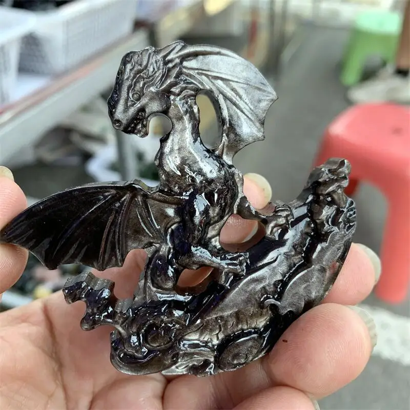 Natural Silver Obsidian Dragon Carving Quartz High-Quality Crystal Healing Home Decoration Halloween Gift 1PCS