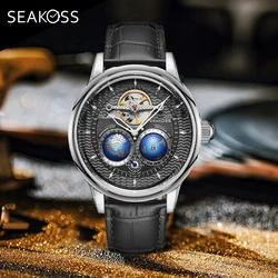 SEAKOSS Men's Mechanical Watch Automatic Movement Clock Male 3D Dual Earth Rotating Waterproof Pilots 1963 Flywheel Wristwatches