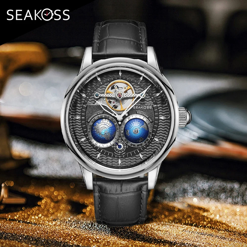 SEAKOSS Men's Mechanical Watch Automatic Movement Clock Male 3D Dual Earth Rotating Waterproof Pilots 1963 Flywheel Wristwatches
