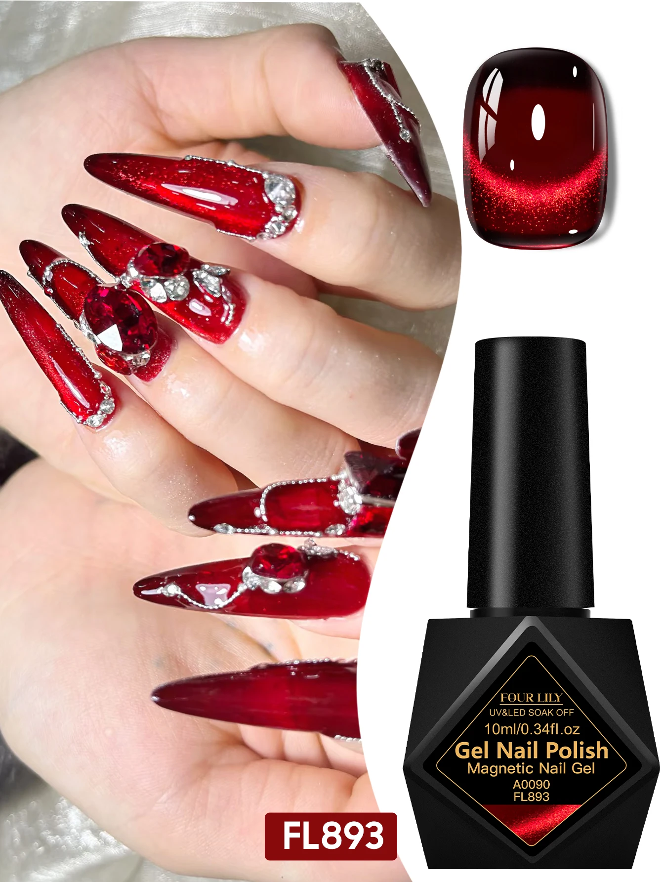 10ml FOUR LILY Czerwone Wino Magnetyczny Lakier Hybrydowy do Paznokci Brokatowy Półtrwały Długotrwały Błyszczący Zestaw do Manicure Bez HEMA/TPO