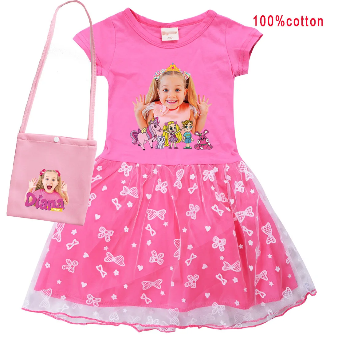 Lovely Diana and Roma Show Dress Kids Summer Dress Baby Girls Casual Dresses & Bag 2pcs Sets Kids Wedding Party Princess Vestido