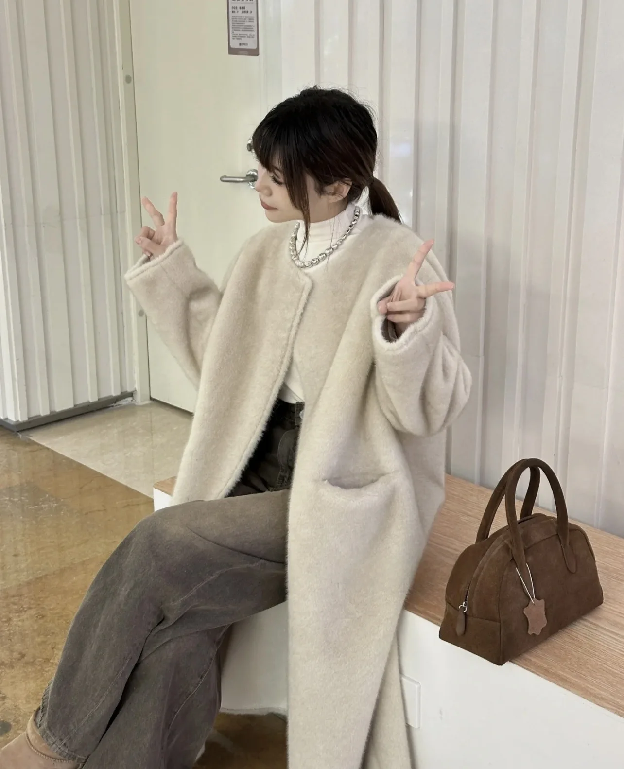 Jaket Mantel Panjang Bulu Imitasi Wanita, Mantel Leher Bulat Maxi, Jaket Streetwear Y2k Tebal Hangat, Jaket Kerja Kasual Elegan Longgar Musim Gugur Musim Dingin