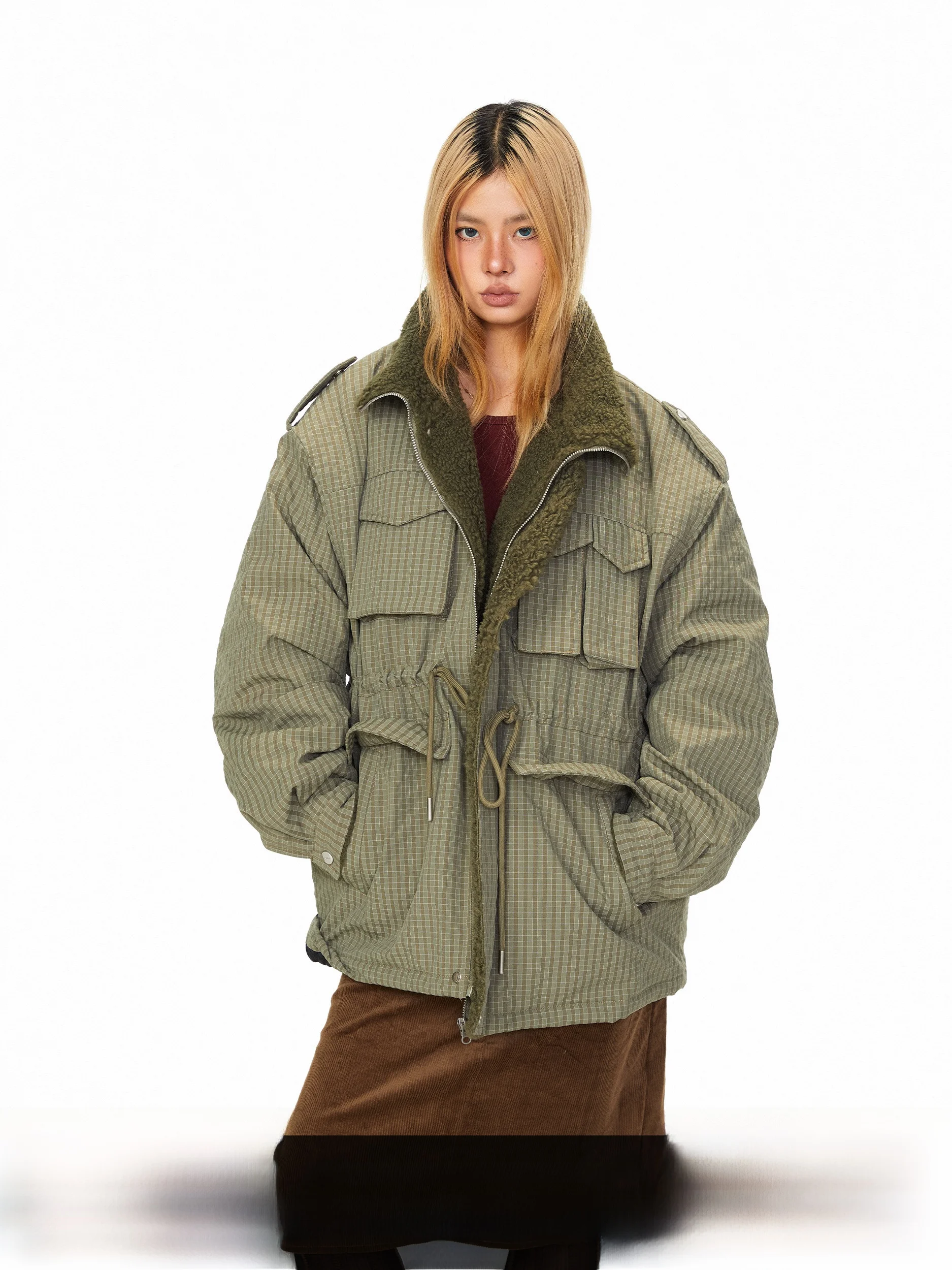 

Blabb Women's Cheered Workwear Cotton Jaet with Waist Cinching Lamb Fur Collar Multiple kets Long Sve Winter Coat