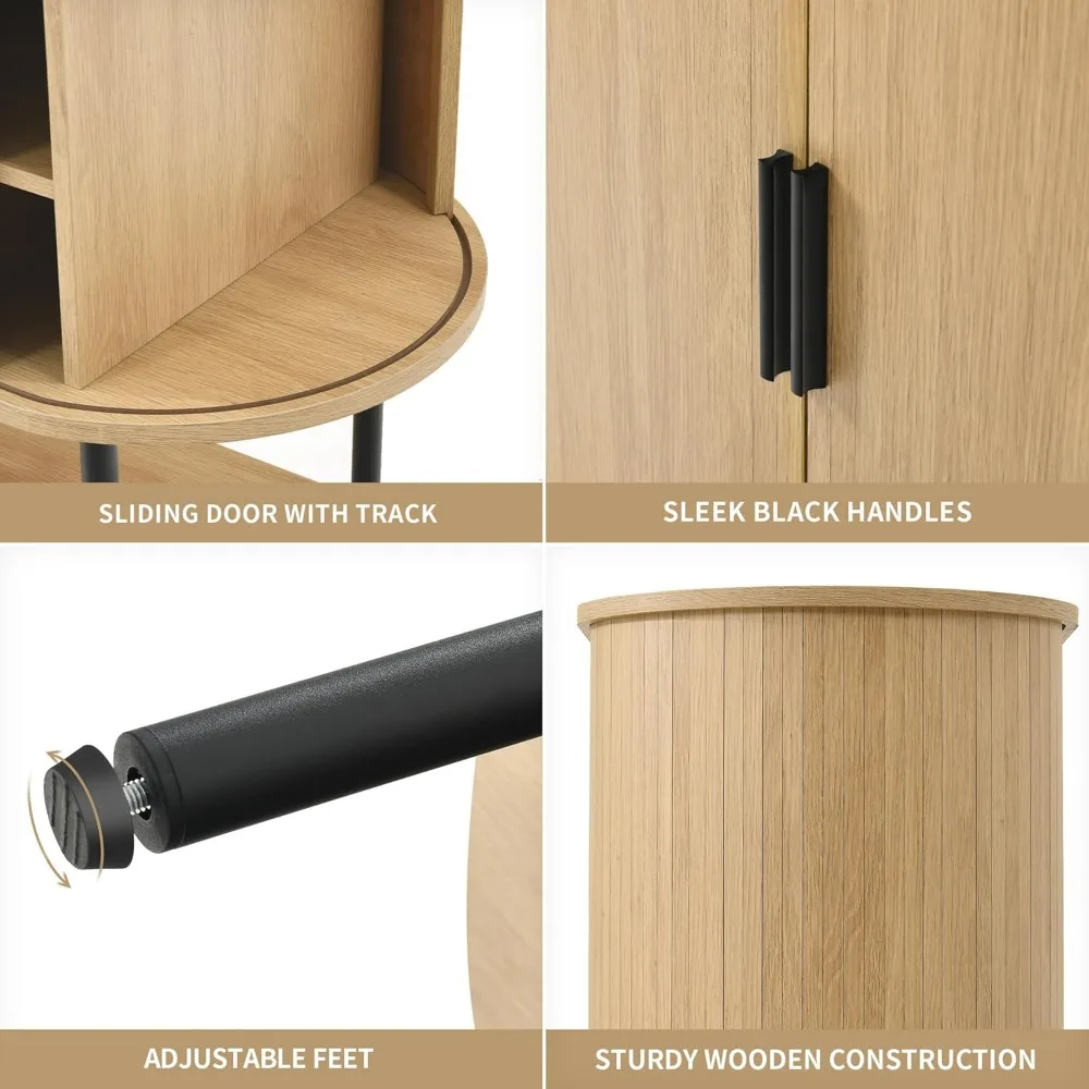 천연 오크 소재의 주방 또는 거실용 LED 조명, 슬라이딩 도어, 와인 랙 및 유리 홀더가 있는 모던 사이드보드 캐비닛